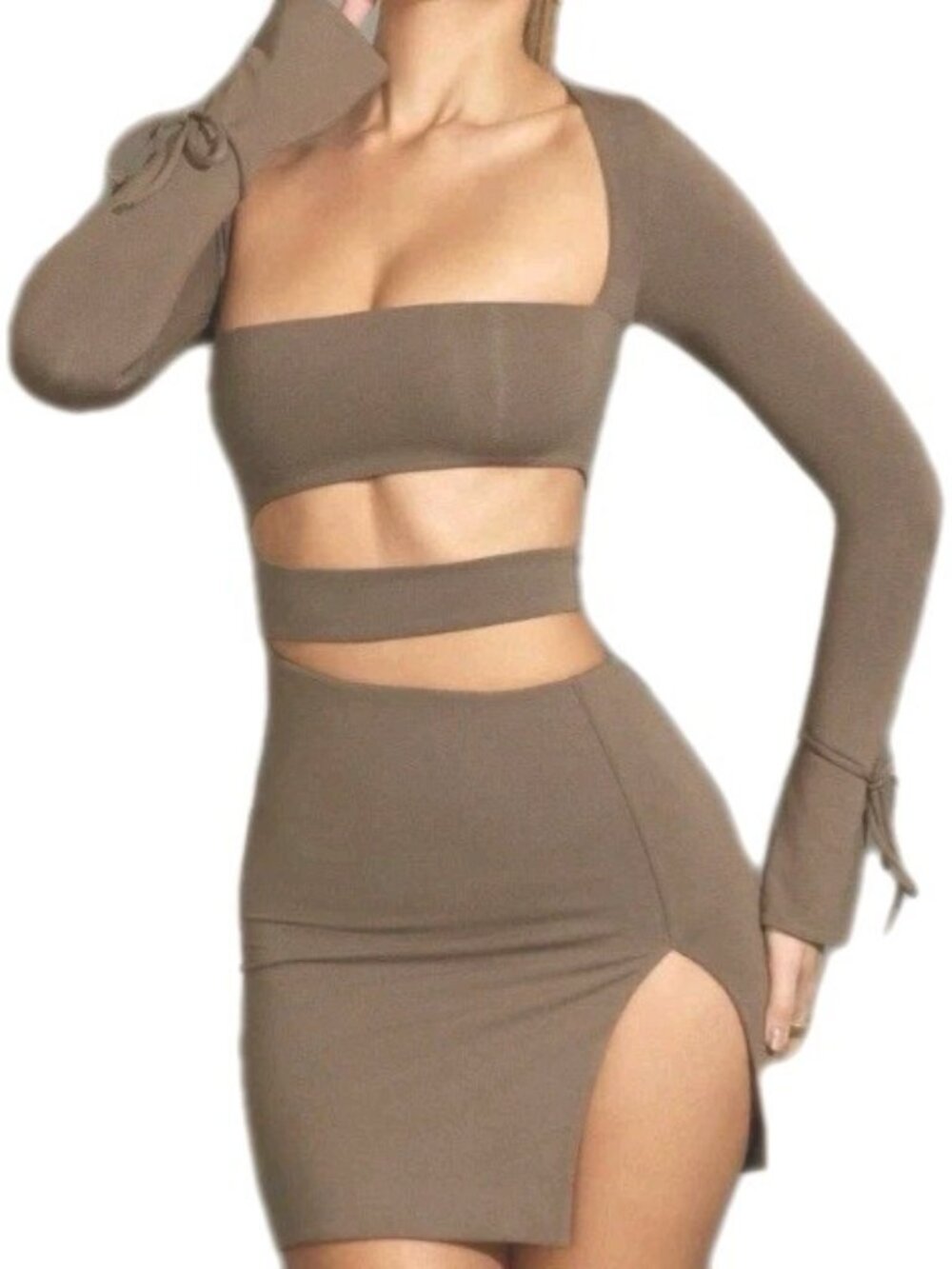 Oh Polly Long Sleeve Cut Out Mini Dress in Taupe Size 2